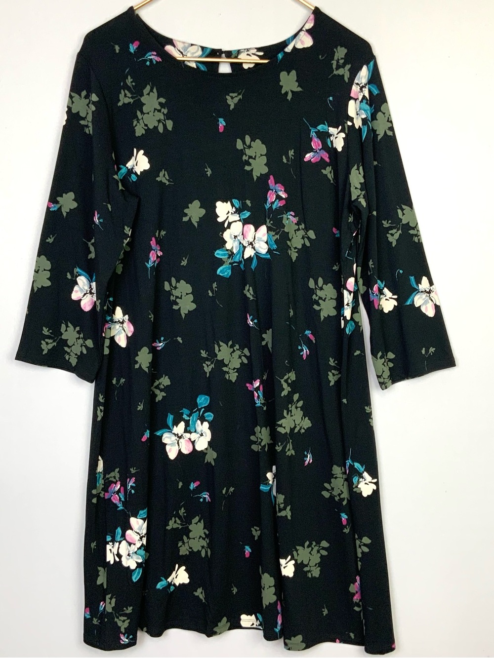 J. Jill Wearever Collection Sz Large Black Floral 3/4 Sleeve Jersey Knit Dress